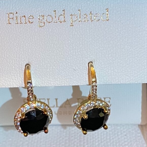 Stella Rose Fine Gold Plated Earrings with Black Round Stone and Crystal Accents - Picture 3 of 8